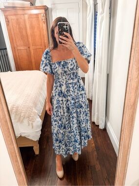 Abercrombie & Fitch White and Blue Smocked Bodice Dress